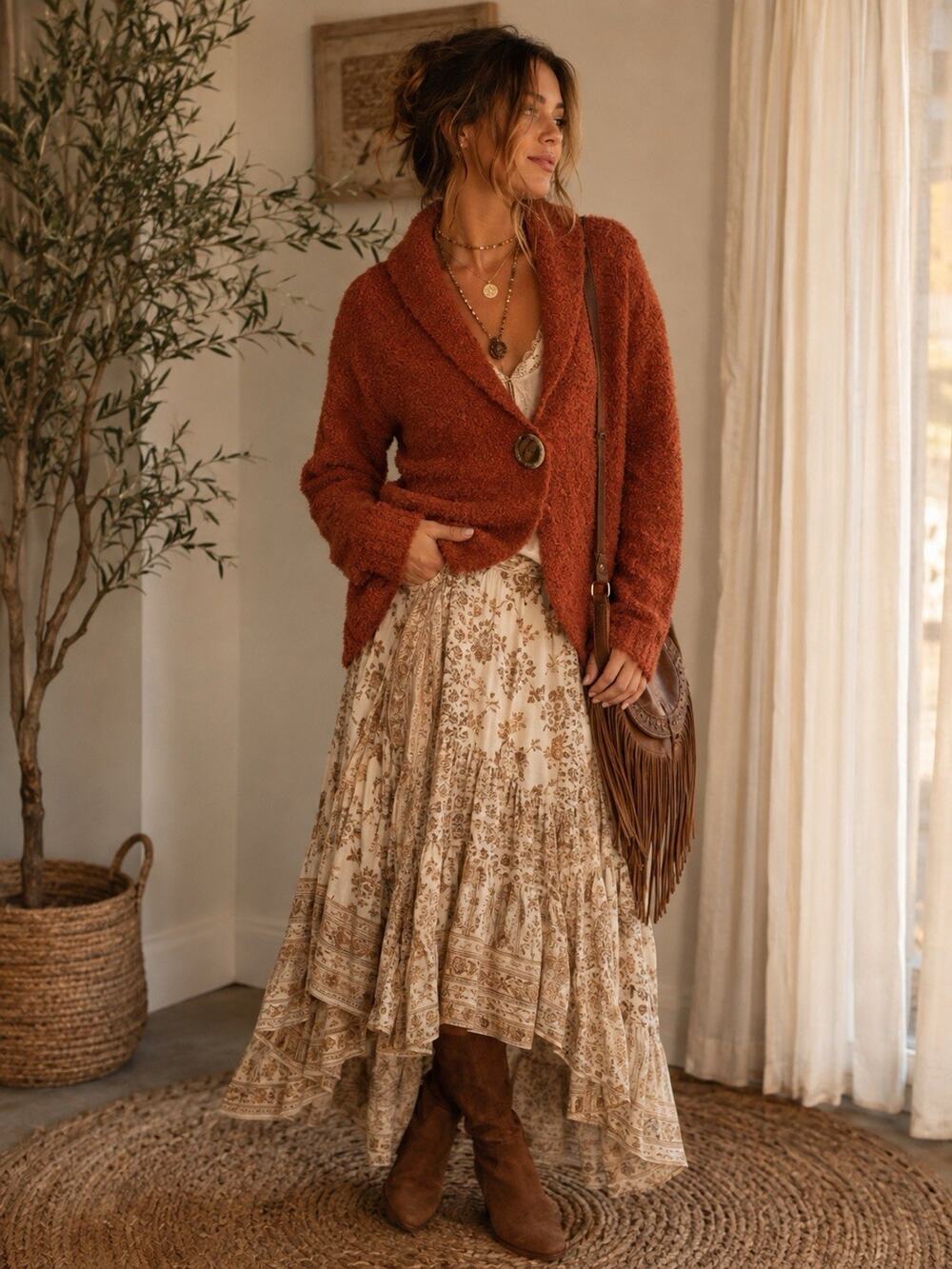 Sweater Works Women’s Sweater Boho Inspired Burnt Orange Autumn Tone Textured L